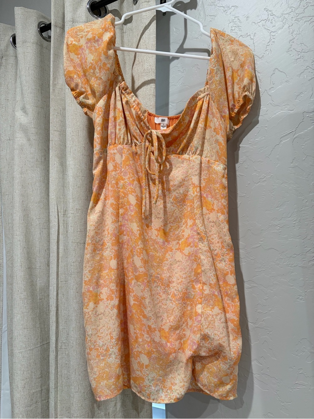 Peach Floral Puff-Sleeve Mini Dress with Tie Front